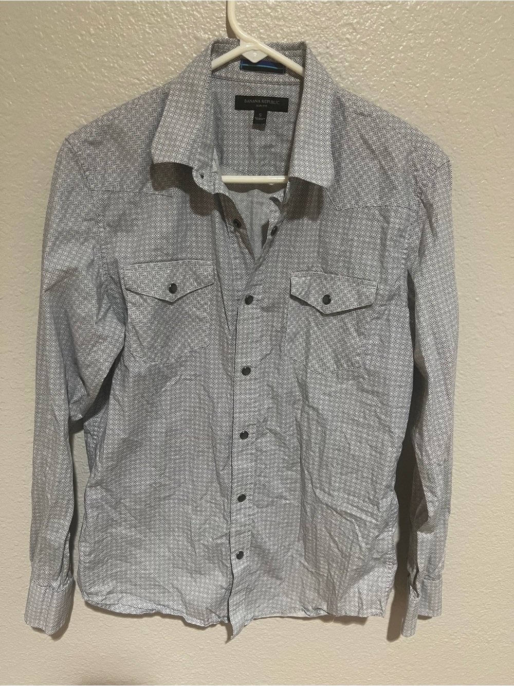 Banana Republic Light Blue & White Micro-Pattern Snap Button-Down Shirt Small